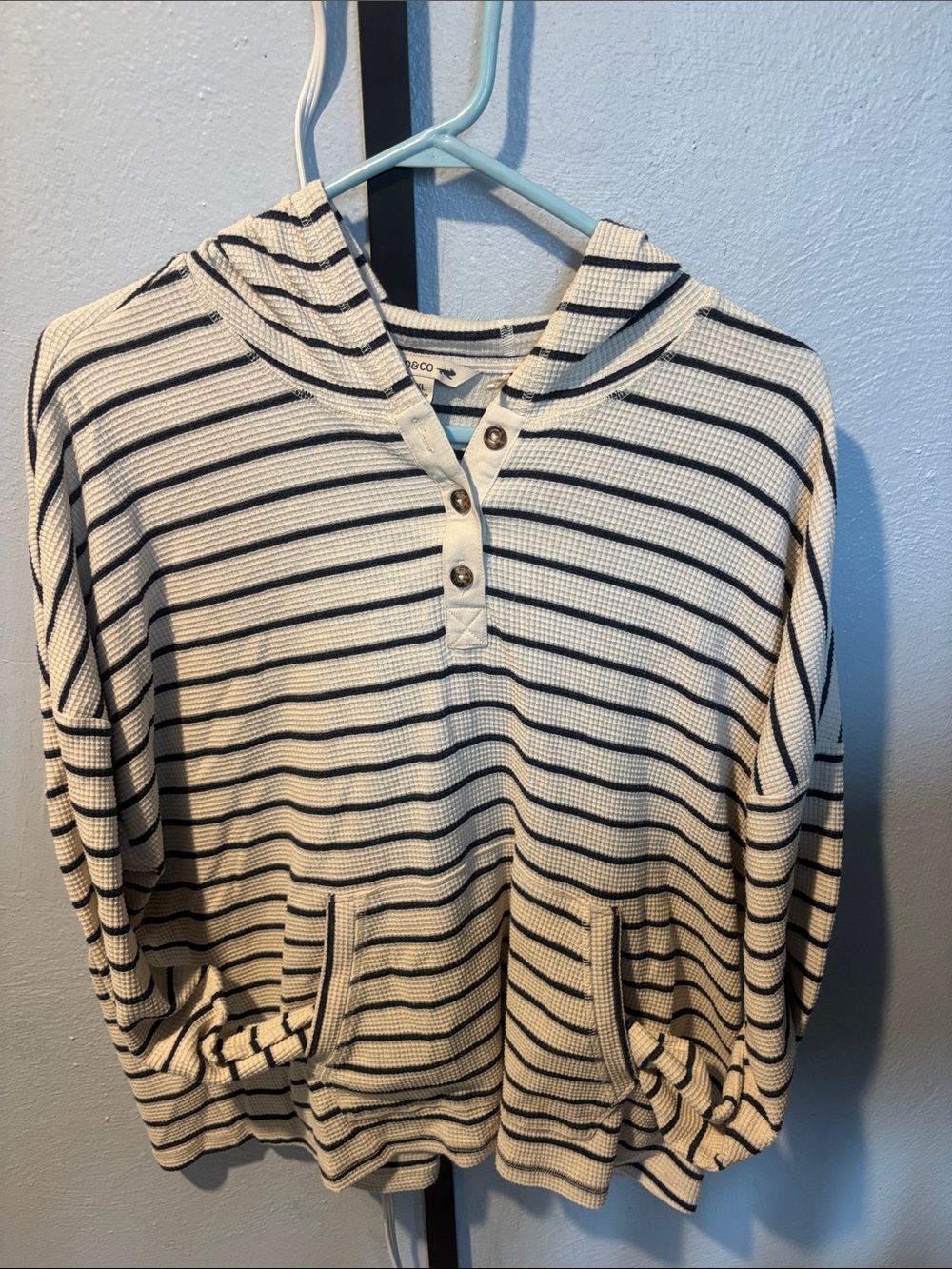 Toad&Co Cream and Black Striped Hooded Waffle Knit Sweater
